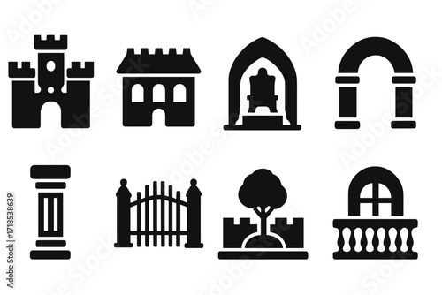 Court Architecture Icons. Solid, filled icon set of court architecture: castle, great hall, throne room, archway, pillar, gate, courtyard, balcony. Solid,