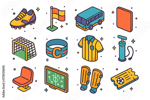 Soccer Match Essentials Icons. Colorful isometric vector icons set of soccer match essentials: soccer cleats, corner flag, team bus, red card, goal net,