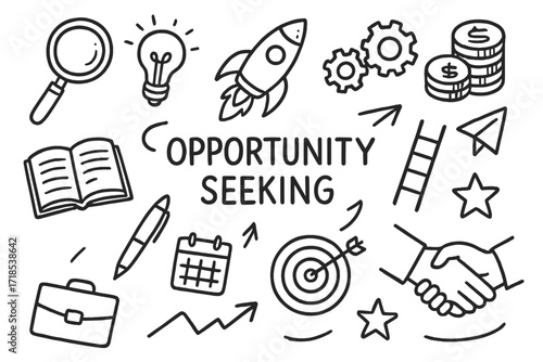 Opportunity Symbols Doodle. Hand-drawn doodle illustration opportunity seeking magnifying glass, light bulb, rocket, gears, coin stack, target, ladder, paper