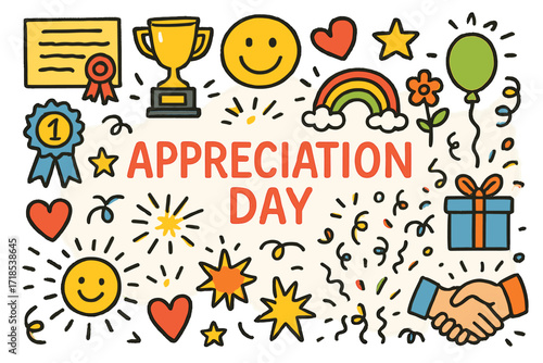 Children's Celebration Icons. Colorful Hand-drawn doodle Children illustration Appreciation Day [certificate, trophy, ribbon, medal, smiling face, heart, star,