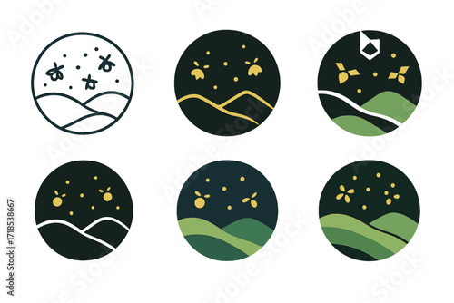 Shifting Firefly Landscapes. Shifting landscapes fireflies. Set Logo of Shifting landscapes fireflies: glowing fireflies over hills. harmonious logo variations