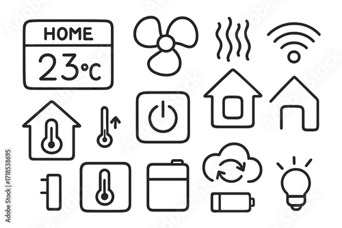 Home Temperature Icons. Hand-drawn doodle illustration Home Temperature Settings digital screen, fan blade, heat wave, chill icon, wifi bar, room icon, smart