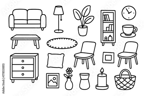 Minimalist Home Doodle. Hand-drawn doodle illustration Minimalist home design [sofa, table, lamp, plant, rug, bookshelf, clock, cup, pillow, chair, drawer,