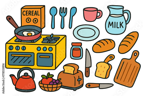 Colorful Kitchen Doodles. Kitchen. Colorful Hand-drawn doodle Children illustration Kitchen stove, frying pan, spoon, fork, plate, cereal box, cup, jug of