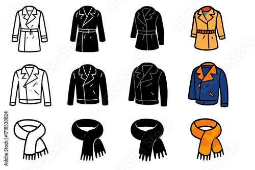 Colorful Outerwear Icons. Icon Set of Couple's outerwear: trench coat, leather jacket, scarves. Icons set in vector style, emblematic variations. Trench coat
