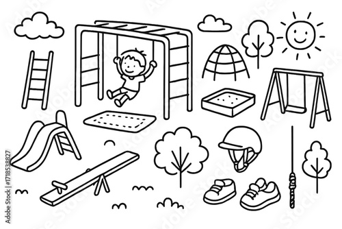 Playground Doodle Icons. Hand-drawn doodle illustration [monkey bars on playground] [monkey bars, child swinging, ladder, slide, seesaw, jungle gym, sandpit,