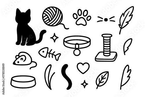 Kitten Doodle Icons. Hand-drawn doodle illustration Kitten Playtime [kitten silhouette, yarn ball, paw print, whiskers, fishbone, toy mouse, feather, sparkle,