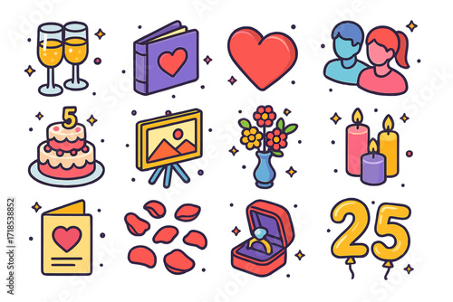 Anniversary Party Icons. Colorful isometric vector icons set of Anniversary Party Items: champagne glasses, photo album, love heart icon, couple silhouette,