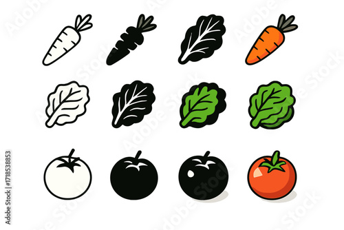 Vibrant Vegetable Icons. Icon Set of Organic vegetables: organic carrot, leafy lettuce, ripe tomato. Icons set in vector style, emblematic variations. Organic