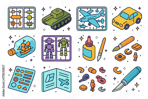 Colorful Isometric Model Kits. Model kits. Colorful isometric vector icons set of model kits: plastic sprues, tank model, airplane kit, car model, ship in