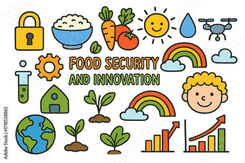 Food Security Doodle Scene. Colorful Hand-drawn doodle Children illustration Food Security and Innovation lock icon, rice bowl, vegetables, gear, test tube,