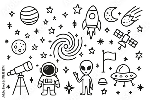 Galactic Doodle Icons. Hand-drawn doodle illustration Galaxy and stars Galaxy, star, planet, moon, rocket, comet, asteroid, telescope, satellite,