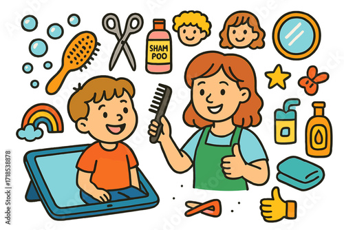 Kid-Friendly Salon Fun. Colorful Hand-drawn doodle Children illustration Kid-Friendly Salon Consultation cartoon tablet, smiling child, hairbrush, bubbles,