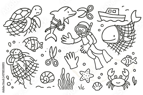 Sea Animal Rescue. Hand-drawn doodle illustration Rescue of entangled sea animals [turtle, dolphin, whale, net, rope, diver, scissors, boat, gloves, fish,