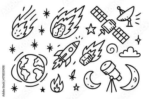 Space Debris Doodles. Hand-drawn doodle illustration Falling debris Earth, atmosphere, burning fragment, rocket part, satellite, antenna, spark, star, flame,