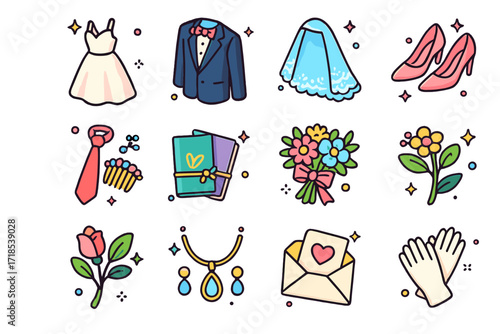 Wedding Essentials Icons. Colorful isometric vector icons set of Bride and groom essentials: bridal gown, tuxedo suit, veil with lace, wedding shoes, groom?s