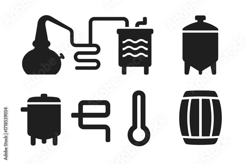 Whiskey Equipment Icons. Solid, filled icon set of whiskey distillation equipment: copper still, condenser, mash tun, fermenter, boiler, pipework, thermometer,