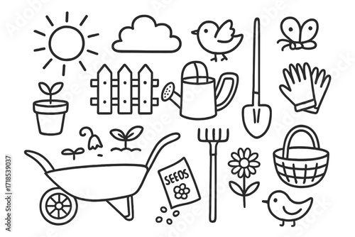 Backyard Garden Doodle. Hand-drawn doodle illustration backyard gardening fence, potted plant, watering can, shovel, rake, gloves, wheelbarrow, sun, cloud,