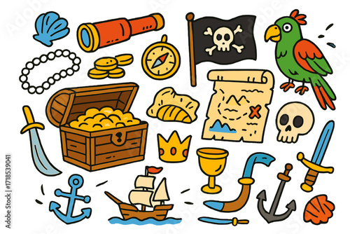 Pirate Treasure Doodles. Colorful Hand-drawn doodle Children illustration pirate treasures treasure chest, golden coins, pearl necklace, old map, spyglass,