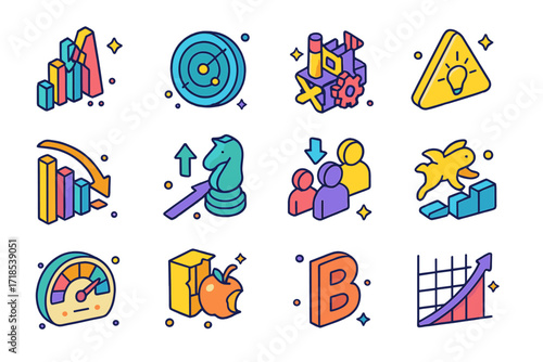 Colorful Market Disruption Icons. Colorful isometric vector icons set of Market disruption signals: falling market tower, disruptive radar, outdated business