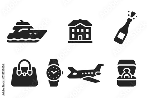 Luxury Icons Grid. Solid, filled icon set of luxury lifestyle: yacht, sports car, mansion, champagne bottle, designer bag, watch, private jet, jewelry box.