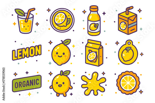 Lemonade Branding Icons. Colorful isometric vector icons set of lemonade branding elements: lemonade logo, citrus label, bottle sticker, juice box design,