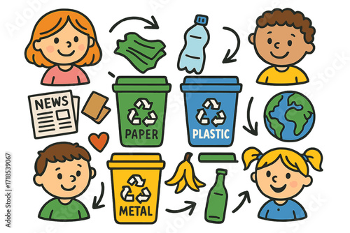Recycling Doodle Fun. Colorful Hand-drawn doodle Children illustration Sorting recyclable items paper, plastic, metal, glass, bin labels, arrows, bottle, tin