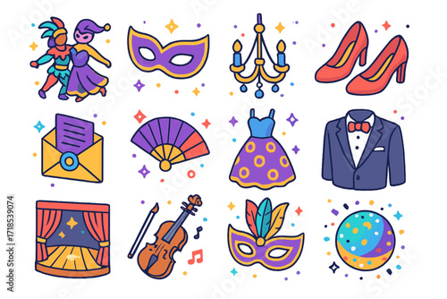Cultural Ball Icon Set. Colorful isometric vector icons set of cultural and ceremonial balls: carnival dance ball, masquerade ball mask, ballroom chandelier,