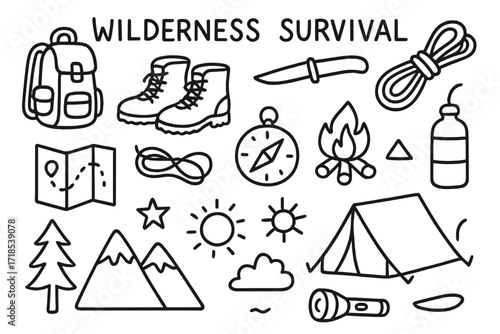 Wilderness Survival Icons. Hand-drawn doodle illustration Wilderness Survival [backpack, boots, knife, rope, compass, map, campfire, tent, flashlight, water