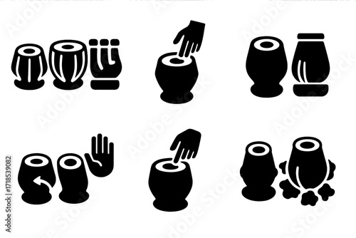 Tabla Techniques Icons. Solid, filled icon set of tabla playing techniques: tehai, kaida, rela, tukda, gat, chakradhar, paran, tuk. Solid, filled icons in only