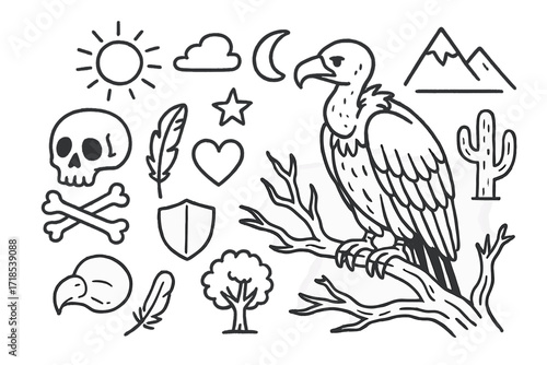 Vulture Symbolism Doodles. Hand-drawn doodle illustration Vulture symbolism [vulture, skull, bones, feather, sun, moon, star, cloud, mountain, cactus, tree,