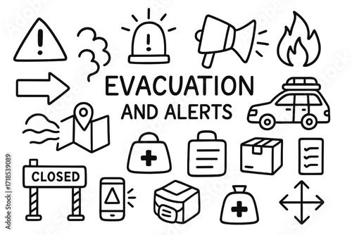 Emergency Symbols Icons. Hand-drawn doodle illustration Evacuation and Alerts exclamation icon, siren, megaphone, fire icon, smoke line, car with bags, arrow
