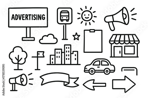 Street Advertising Doodles. Hand-drawn doodle illustration street advertising billboard, bus stop sign, poster, flyer, megaphone, city skyline, shop, car,
