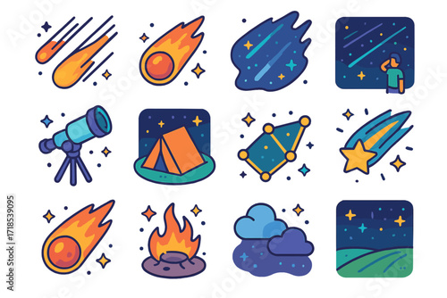 Isometric Meteor Icon Set. Colorful isometric vector icons set of meteor shower: falling meteors, glowing meteor trail, night sky with streaks, stargazing
