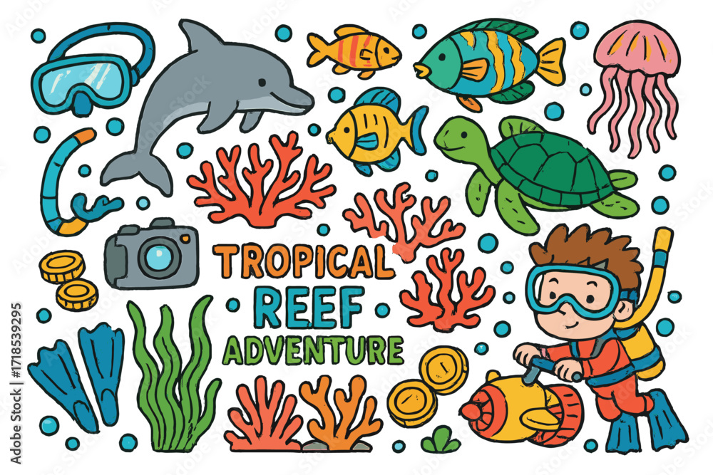 Naklejka premium Tropical Reef Adventure. Colorful Hand-drawn doodle Children illustration Tropical reef adventure dolphin, parrotfish, butterflyfish, coral, diver, underwater