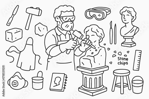 Sculptor's Toolbox. Hand-drawn doodle illustration Sculptor at work chisel, hammer, clay block, statue, apron, goggles, gloves, carving tools, pedestal, dust