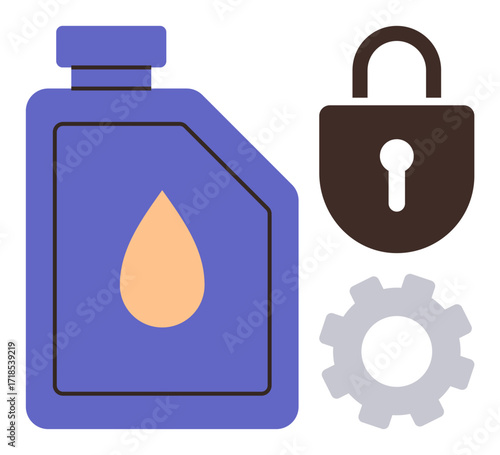 Oil container with a droplet symbol, gear, and lock. Ideal for maintenance, reliability, lubrication, mechanical systems, security protection and resource management. Simple flat metaphor