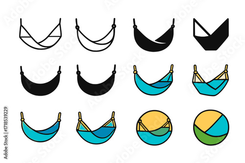 Colorful Hammock Logo Grid. Set Logo of Fresh Breeze: Swinging hammock. Logo set in vector style, emblematic variations. line, bold thick line, solid black