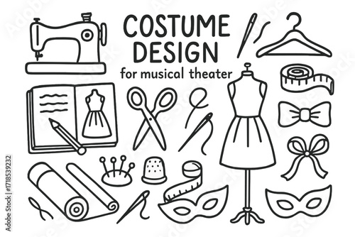 Musical Costume Design Sketch. Hand-drawn doodle illustration Costume design for musical theater [sketchbook, pencil, mannequin, sewing machine, spool of