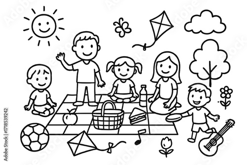 Joyful Family Picnic. Hand-drawn doodle illustration Joyful family picnic [smiling faces, picnic basket, blanket, apple, sandwich, water bottle, soccer ball,