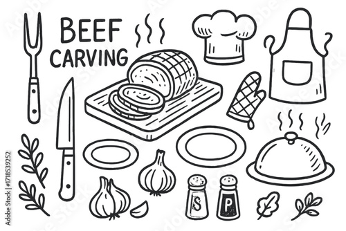Beef Carving Essentials. Hand-drawn doodle illustration Beef carving roast beef, carving fork, carving knife, cutting board, plate, serving tray, steam lines,