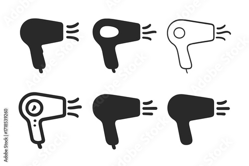 Hairdryer Logo Variations. Haircare. Set Logo of Haircare: Hairdryer. harmonious logo variations of the same emblematic concept, each with different artistic