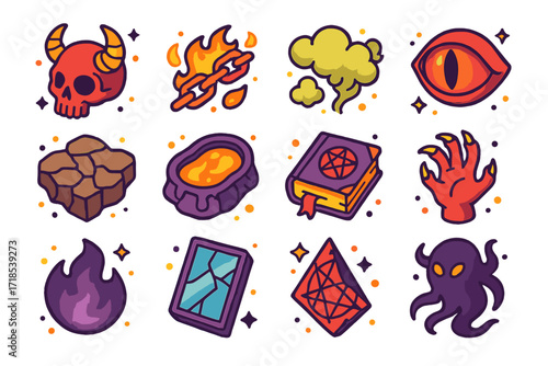 Colorful Demonic Icons. Colorful isometric vector icons set of demonic imagery: horned skull, fiery chains, sulfur clouds, sinister eye, cracked earth, molten