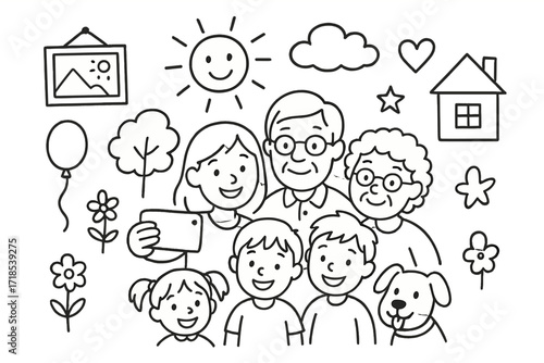 Family Selfie Doodle. Hand-drawn doodle illustration Family selfie smartphone, smiling faces, parents, kids, grandparents, pet, tree, sun, cloud, heart, star,