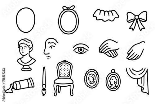 Classic Portrait Elements. Hand-drawn doodle illustration classic portrait elements face shape, oval frame, ruffled collar, ribbon, bust sculpture, oil paint