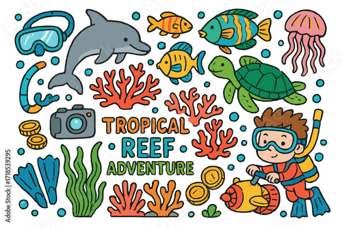 Tropical Reef Adventure. Colorful Hand-drawn doodle Children illustration Tropical reef adventure dolphin, parrotfish, butterflyfish, coral, diver, underwater