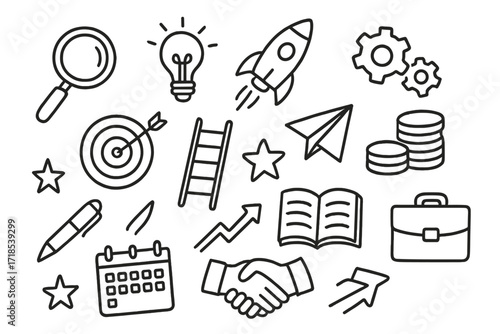 Opportunity Symbols Doodle. Hand-drawn doodle illustration opportunity seeking magnifying glass, light bulb, rocket, gears, coin stack, target, ladder, paper