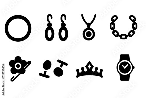 Gold Jewelry Icons. Solid, filled icon set of gold jewelry: bracelet, earrings, pendant, chain, brooch, cufflinks, tiara, watch. Solid, filled icons in only