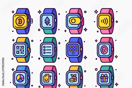 Smartwatch Crypto Icons. Colorful isometric vector icons set of smartwatches with crypto wallet features: Bitcoin payment via smartwatch, ETH price ticker,