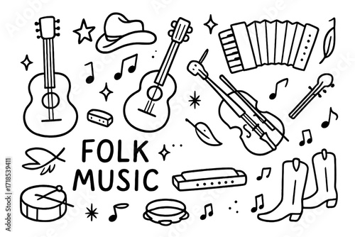 Folk Music Icons. Hand-drawn doodle illustration Folk Music [acoustic guitar, banjo, mandolin, fiddle, accordion, harmonica, drum, flute, hat, star, sparkle,
